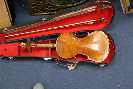 An English violin made by Arthur L. Scholes of Bedford, 23.5in., cased with two bows